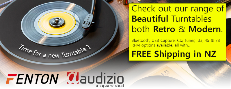 Time for a new turntable? Check out our range of beautiful turntables
both retro and modern. Bluetooth, USB capture, CD, tuner, 33, 45 & 78 RPM options available, all with free shipping in New Zealand. Includes
Fenton and Audizio brands.